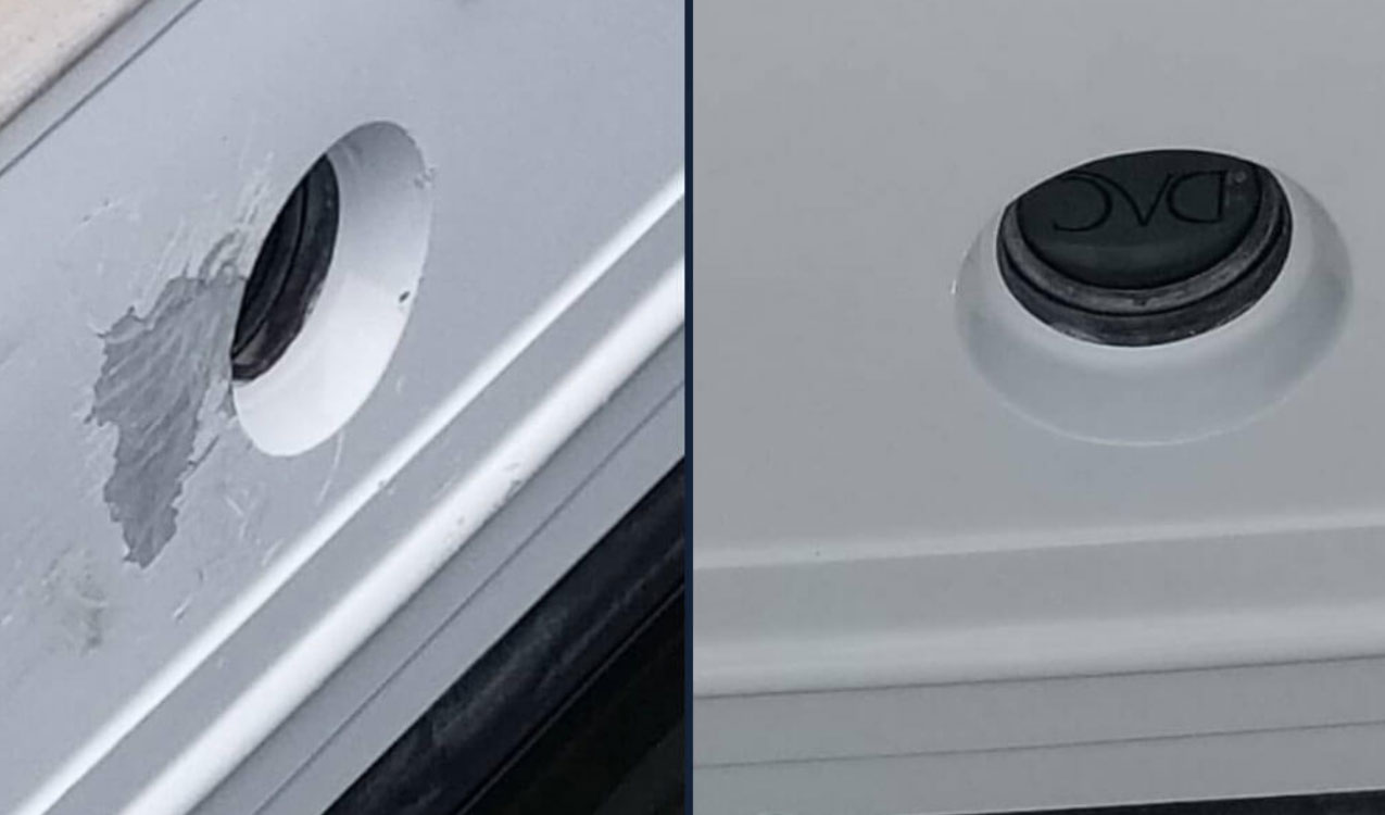 Before and after of gelcoat repair.